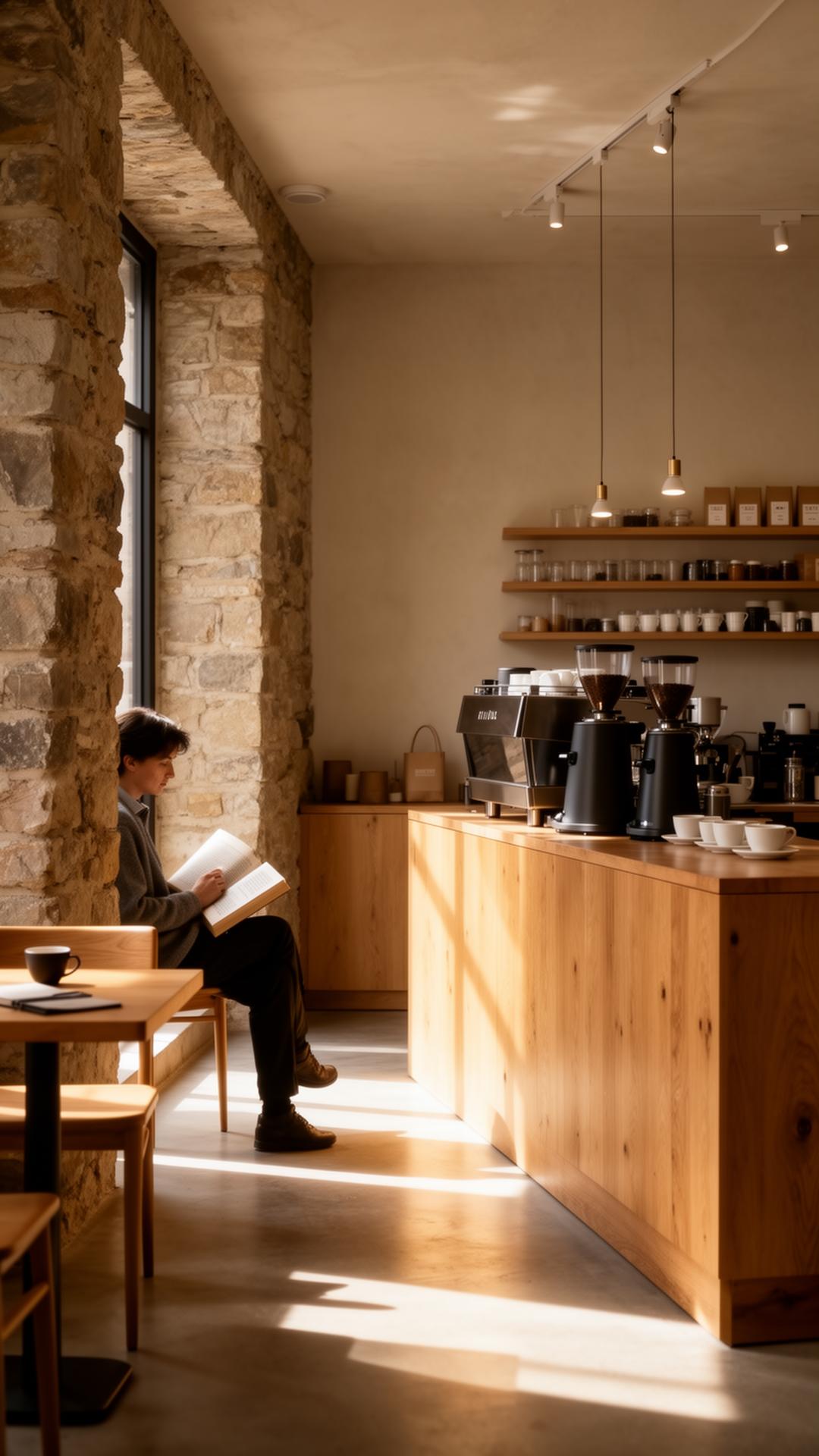 Quiet specialty coffee shop in morning light